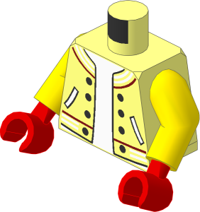 Minifig Torso with Yellow Arms and Medium Nougat Hands with Jacket with Striped Trim, Silver Buttons and Pockets over White Undershirt Pattern