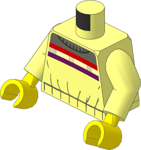 Minifig Torso with Arms and Hands with Vest with Dark Bluish Grey Panel and Creases, Red, Bright Light Orange and Dark Azure Stripes Pattern