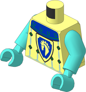 Minifig Torso with Arms and Hands with Blue Collar with Gold Horseshoes Surcoat, Sand Blue Trim with Diamonds and Horse Knight Shield Pattern