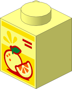 Brick  1 x  1 with Red Lines, Fruit Slice and Orange with Green Leaf on Yellow Background Pattern