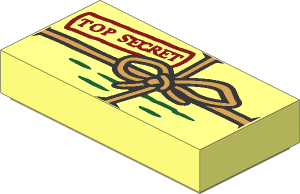 Tile  1 x  2 with Package with Dark Red "TOP SECRET" Stamp, Dark Green Lines and Dark Tan String with Bow Pattern
