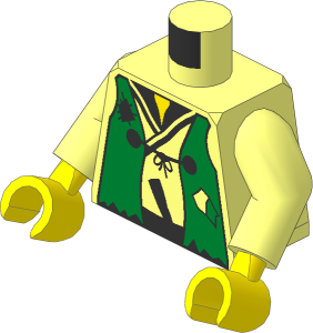 Minifig Torso with Arms and Hands with Tattered Green Vest, Yellow Neck and Silver Dagger Pattern