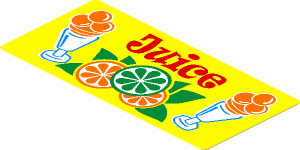 Sticker  1.8 x  3.8 with Red "Juice", Ice Creams and Fruit on Yellow Background