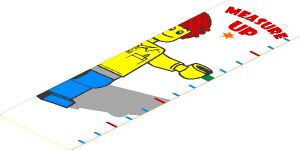 Sticker  5.8 x  1.8 with Red "MEASURE UP", Height Lines and Operator with Shadow on White Background