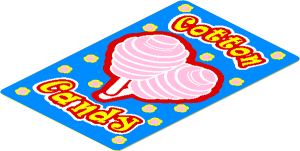 Sticker  2.8 x  1.8 with Yellow "Cotton Candy" and Pink Cotton Candies on Medium Blue Background