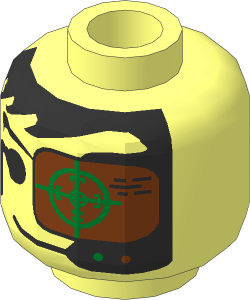 Minifig Head with Insectoids Black Hair, Headset, Green and Copper Eye Grid Pattern