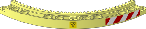 Technic Gear Ring Quarter 11 x 11 with 35 Teeth with Crushing Hazard Danger Sign on Yellow Background (Upward Facing) and Red and White Danger Stripes Leaning Right Stickers