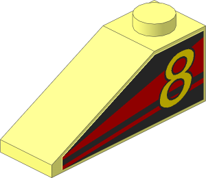 Slope Brick 33  3 x  1 with Yellow "8" on Red Stripes Left Sticker