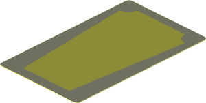 Sticker  3.0 x  1.8 with Olive Green Trapezoid with Cut Corners on Dark Bluish Grey Background
