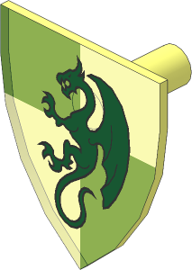 Minifig Shield Triangular with Dark Green Dragon on Bright Light Yellow/Orange Pattern