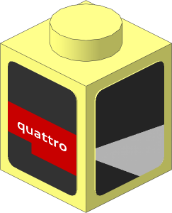 Brick  1 x  1 with Red Stripe with "quattro" White Text on Black Background and White Trapezoid on Black Background Right Stickers