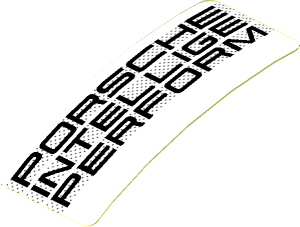Sticker  0.8 x  1.9 with Black "PORSCHE INTELLIGE PERFORM" on Black Halftone Stripes on White Background (Needs Work) (Formed)