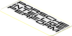 Sticker  0.8 x  1.9 with Black "PORSCHE INTELLIGE PERFORM" on Black Halftone Stripes on White Background (Needs Work)