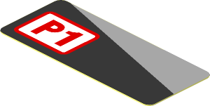 Sticker  0.8 x  1.9 with Red "P1" and Grey Triangle on Black Background Right