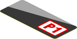 Sticker  0.8 x  1.9 with Red "P1" and Grey Triangle on Black Background Left