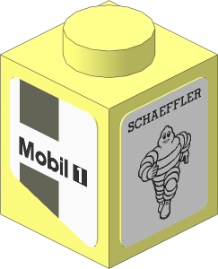 Brick  1 x  1 with Black Mobil 1 Logo and Dark Grey Lines on White Background Left and Black Schaeffler and Michelin Logos on White Background Stickers