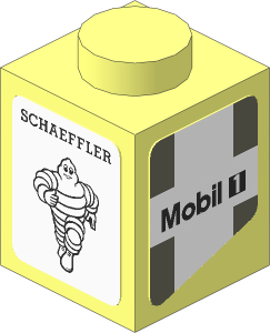 Brick  1 x  1 with Black Schaeffler and Michelin Logos on White Background and Black Mobil 1 Logo and Dark Grey Lines on White Background Right Stickers