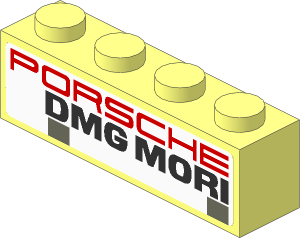 Brick  1 x  4 with Red "PORSCHE" and Black "DMG MORI" and Dark Grey Squares on White Background Stickers on Both Sides