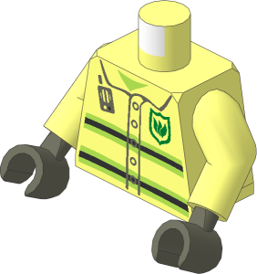 Minifig Torso with Arms and Dark Bluish Grey Hands with Neon Yellow Stripes, Radio and Badge Pattern