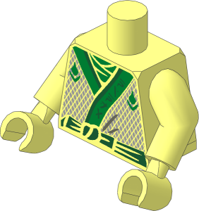 Minifig Torso with Plain Arms and Hands with Green Robe, Gold Scarf, Green Belt, Diamonds and Green Emblem Pattern