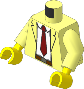 Minifig Torso with Arms and Yellow Hands with Open Suit Jacket with White Shirt, Dark Red Tie and Reddish Brown Belt Pattern