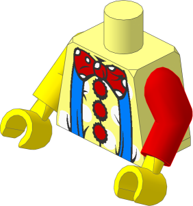 Minifig Torso with Yellow and Red Arms and Yellow Hands with Medium Blue Suspenders, Red Bow, Red Buttons and White Dots Pattern