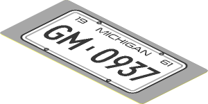 Sticker  1.8 x  3.8 with White License Plate and Black "19 MICHIGAN 61" and "GM - 0937" on Light Bluish Grey Background