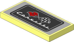Tile  2 x  4 with Black License Plate, White "Corvette" and Flags on Light Bluish Grey Background