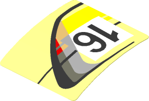 Sticker  1.9 x  1.8 with Door Outline with Black 16 in White Frame with Yellow Stripes on Transparent Background Right (Formed)
