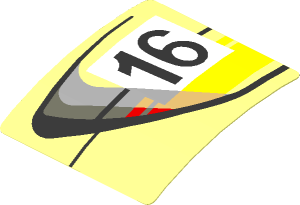 Sticker  1.9 x  1.8 with Door Outline with Black 16 in White Frame with Yellow Stripes on Transparent Background Left (Formed)