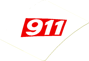 Sticker  1.8 x  1.9 with White 911 in Red Square on White Background (Formed)