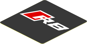 Sticker  1.9 x  1.8 with Red and White R8 Logo on Black Background