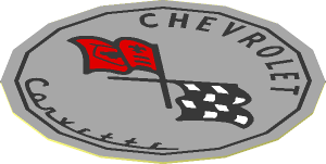 Sticker 1.8 x 1.8 Round with Black "CHEVROLET" and "Corvette", Flags on Light Bluish Grey Background