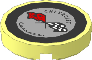 Tile  2 x  2 Round with Black "CHEVROLET" and "Corvette", Flags on Light Bluish Grey Background in a Black Ring Sticker