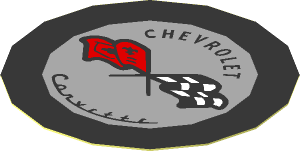 Sticker 1.8 x 1.8 Round with Black "CHEVROLET" and "Corvette", Flags on Light Bluish Grey Background in a Black Ring