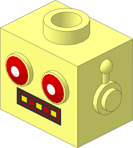 Minifig Head Robot Toy with Blue Eyes and Red/Yellow Teeth Display Pattern