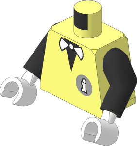 Minifig Torso with Arms and Hands with White Bowtie and Information Center Logo and Lego Logo on Back Pattern