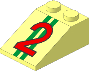 Slope Brick 33  3 x  2 with Red "2" over Two Green Stripes Pattern
