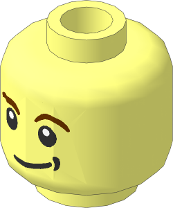Minifig Head with Reddish Brown Eyebrows, White Pupils, Lopsided Smile with Black Dimple Pattern