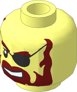 Minifig Head with Dark Red Moustache and Beard, Sneer, White Pupil and Eye Patch Pattern
