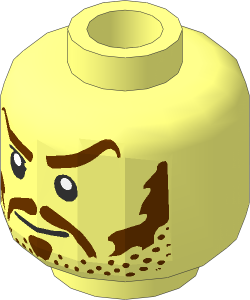 Minifig Head with Brown Moustache, Stubble, Eyebrows, Frowning Pattern