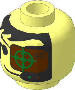 Minifig Head with Insectoids with Black Hair, Headset, Green and Copper Eye Grid Pattern