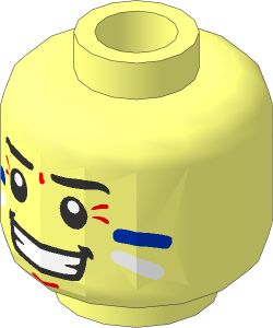 Minifig Head with White and Blue Stripes on Cheeks, Black Eyebrows and Big Grin Pattern