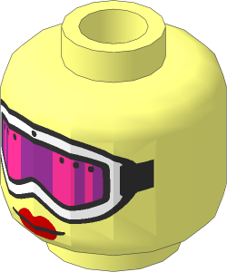 Minifig Head Female with White Ski Goggles with Pink and Purple Glass and Black Strap and Red Lips Pattern