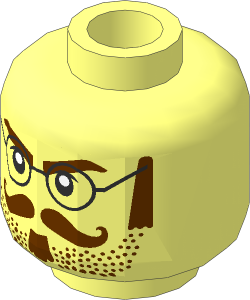 Minifig Head with Glasses, Brown Sideburns and Moustache Pattern