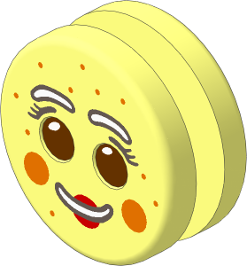 ~Minifig Head Round  1.8 x  1.8 Biscuit with Reddish Brown Eyes, White Brows and Mouth with Red Lips, Cheeks and Freckles Pattern