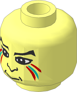 Minifig Head with Red and Dark-Turquoise Painted Lines, Eyebrows, Pupils, Nose Pattern