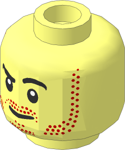 Minifig Head with Beard Stubble, Black Raised Right Eyebrow and Smirk Angled to Right Pattern