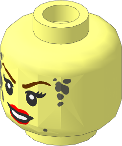 Minifig Head Female with Black Eyebrows, Peach Lips, Smirk / Smile with Mud Splotches 2-Sided Pattern