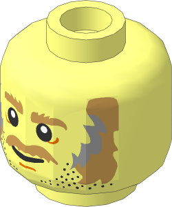 Minifig Head with Dark Tan Eyebrows, Moustache, Dark Tan and Grey Sideburns and Stubble Pattern